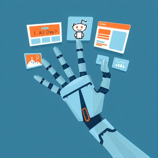 機器人手臂輕鬆管理多個數位廣告螢幕，象徵 Reddit 上 AI 自動化廣告