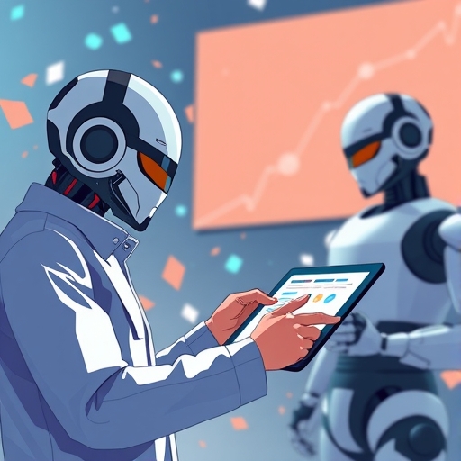 廣告主用平板一鍵設定廣告活動，背景 AI 機器人處理複雜競價與目標定位的插圖