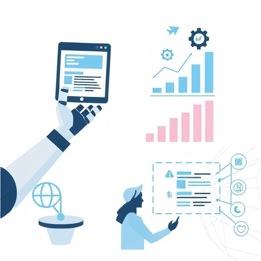 ALF 自動化廣告創作與優化圖示，包括機器手生成文案、ROI 上升圖表、用戶互動個人化內容及平台連結