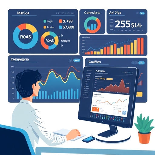 數位儀表板顯示廣告指標，包含ROAS計算圖表與優化調整，一位人士在電腦前操作現代分析場景