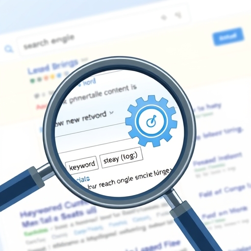 放大鏡檢視搜尋引擎結果頁上的網站，突出關鍵字、內容、連結與技術齒輪元素，展示網站優化以提升排名的乾淨設計