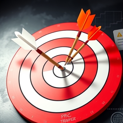 靶心板與箭矢命中插圖,代表 PPC 廣告的關鍵字競標與即時流量生成