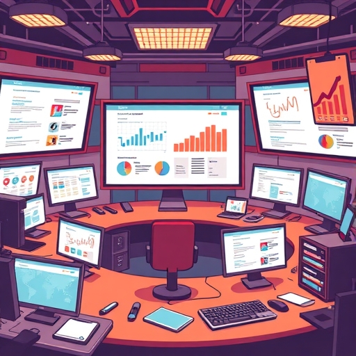 繁忙數位新聞室，多個螢幕顯示即時SEO演算法更新、趨勢與新聞饋送，中央螢幕強調類似PageRadar的平台，象徵彙集洞見與快速資訊流