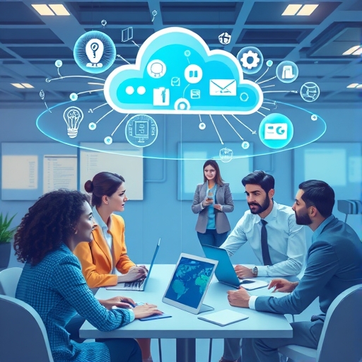 多元商務專業人士在協作辦公環境中互動全息螢幕,顯示雲端運算、AI 機器人與 IoT 裝置