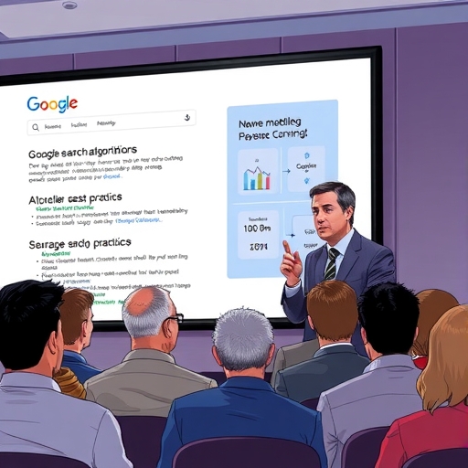 知識淵博人物類似John Mueller向SEO專業人士與網站管理員講解，後方大螢幕顯示Google搜尋演算法概念與最佳實踐