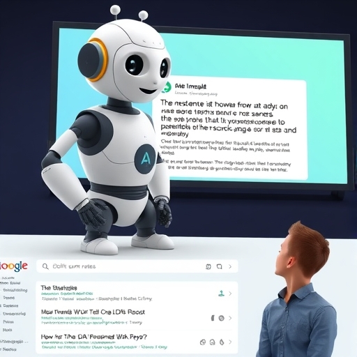 友好的大型 AI 機器人展示螢幕上的摘要答案，位於傳統搜尋結果上方，使用者驚訝於直接資訊流，代表 AI Overviews