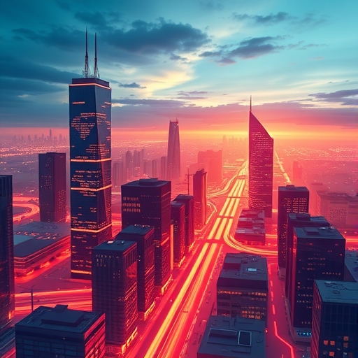 現代商業城市景觀,閃耀數位路徑連接建築象徵數位轉型創新與成長