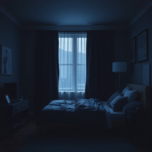 完全黑暗的臥室插圖,使用遮光簾,一個人安穩入睡,免受光線與噪音干擾