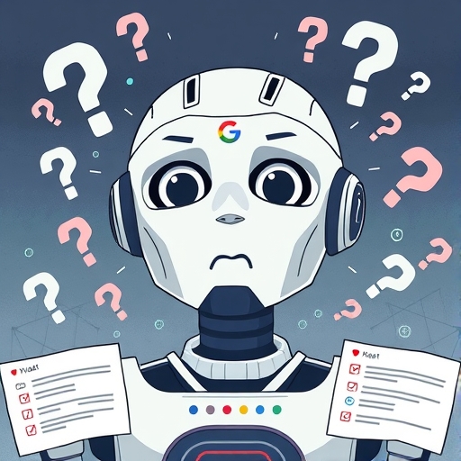 illustration of a giant AI robot with a confused expression surrounded by question marks and critical headlines representing Google's rapid deployment challenges and accuracy issues with generative AI