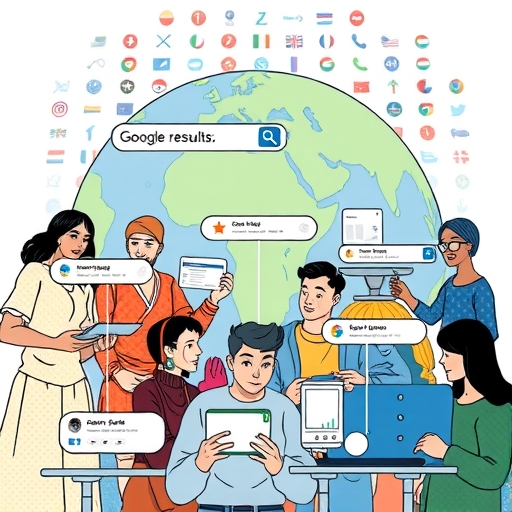 不同國家人們使用搜尋引擎顯示多樣結果,反映語言文化與本地偏好的全球圖像